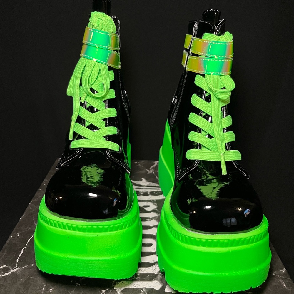 Demonia Neon Green Wedge Platform Lace-Up Front Ankle Boot
